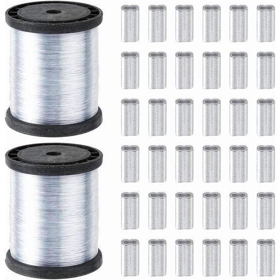 2 Rolls 0.8mm Clear Invisible Hanging Wire Fishing Wire with 200PCS Aluminium Crimping Sleeves for Picture Frame Decoration and Craft