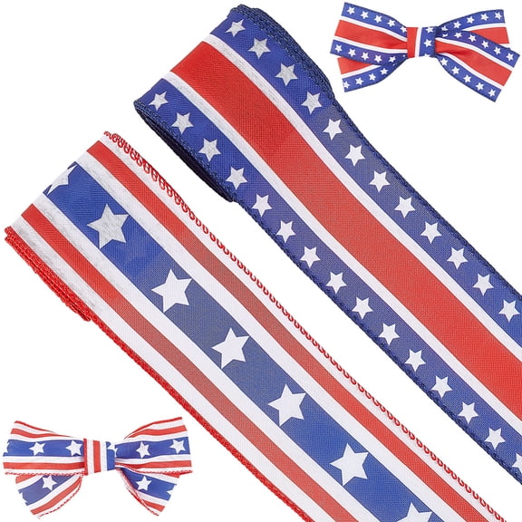 2 Rolls 1/2 Inch Wired Edge Ribbon 5.47 Yards Patriotic Stars Stripes Cloth Ribbons 4th of July Applique for Memorial Day Wreath DIY