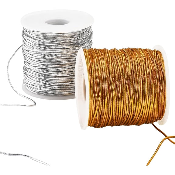 2 Rolls 1.5MM 109.36 Yards Silver and Gold Elastic String Stretch Metallic Tinsel Hanging Beading Shiny Polyester Cord Ribbon Rope for DIY Gift Bracelet Christmas Ornament DIY Craft Supplies