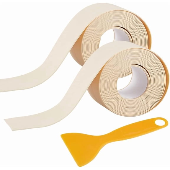 2 Rolls 10.5 Feet Kitchen Sealing Tape Shower Sealant Strip Beige PVC Waterproof Stain Proof Self Adhesive Bath Caulk Decorative Tape with Scraper Tool for Bathroom Floor Corner Protector Brown