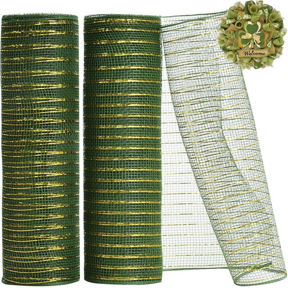 2 Rolls 10 Inch Green Decorative Mesh Ribbbon Rolls, NOGIS Fabric Mesh with Foil for Mesh Wreath Supplies, Front Door Wreath Tree Decor Christmas NewYears Halloween Decoration (10 yds/roll)