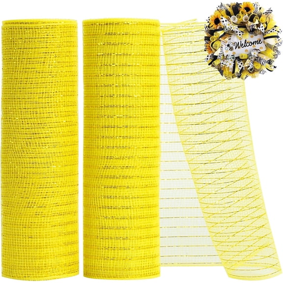 2 Rolls 10 Inch Yellow Decorative Mesh Ribbbon Rolls, Fabric Mesh with Foil for Wreath Supplies, Front Door Wreath Crafts Tree Decor Christmas NewYears Halloween Decoration (10 yds/roll)