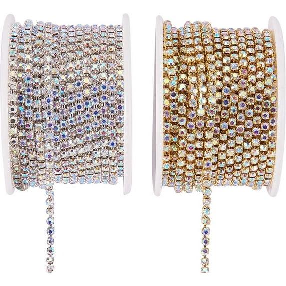 2 Rolls 10 Yard 2.6mm Crystal Rhinestone Close Chain Clear Trimming Claw Chain Sewing Craft about 2740pcs Rhinestones - Crystal AB (Silver & Gold Bottom)