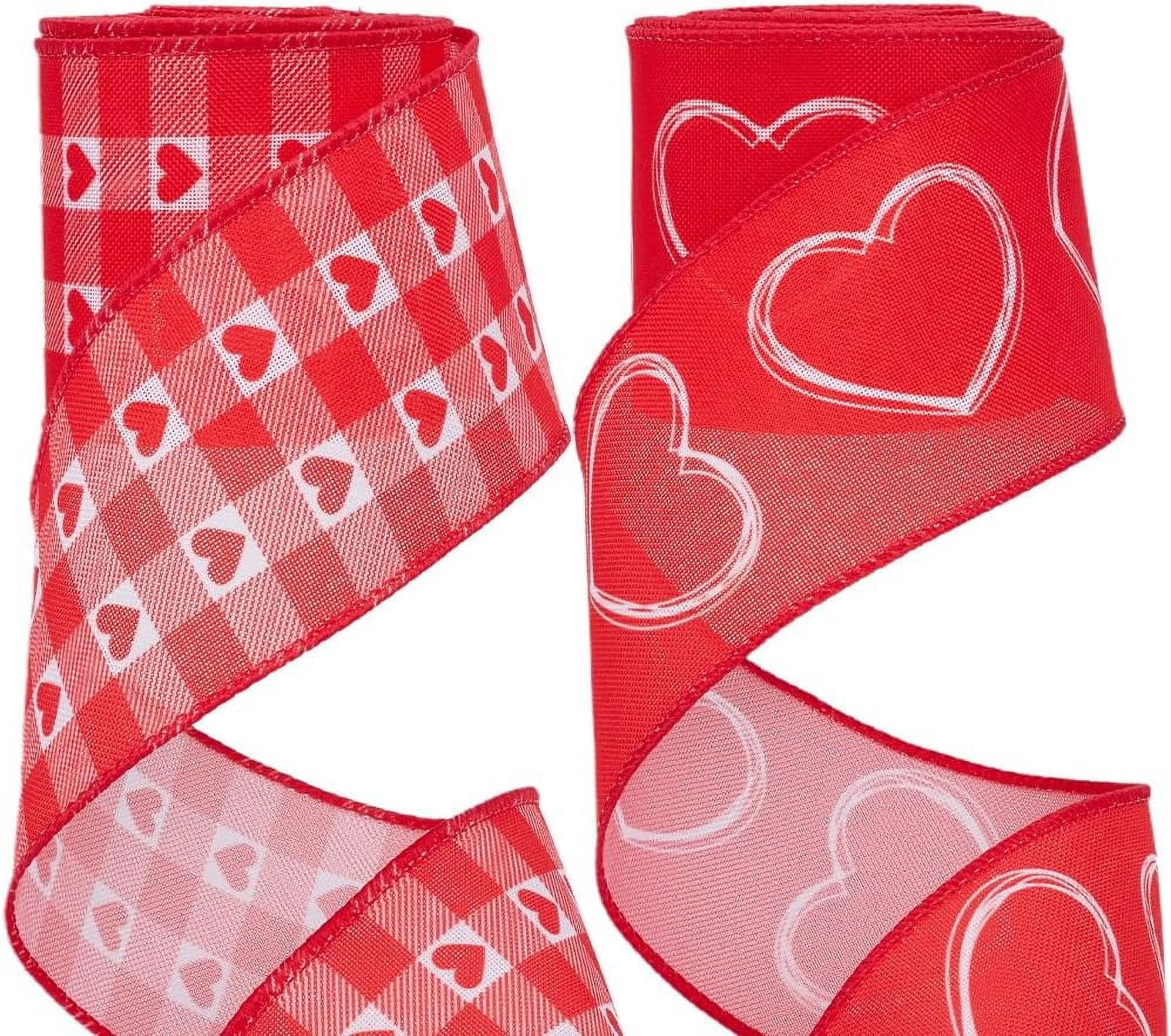 2 Rolls 10 Yard 2 Style Red Valentine's Day Ribbon Hearts Wired Edge ...