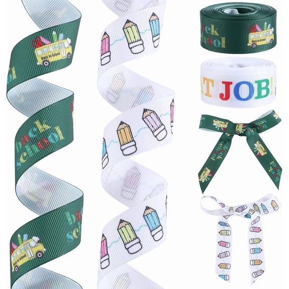 2 Rolls 10 Yards 2 Style Back to School Ribbon 7/8 Inch Wide Pencil Bus Grosgrain Ribbons Welcome Back School Print Fabric Crafting Ribbons