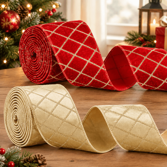 2 Rolls 10 Yards Christmas Velvet Wired Ribbon 2.5" Christmas Ribbon Grid Argyle Ribbons for Xmas Tree Decoration Bow Gift Wrapping Wreath Garland DIY Craft Supplies (Gold,Red)