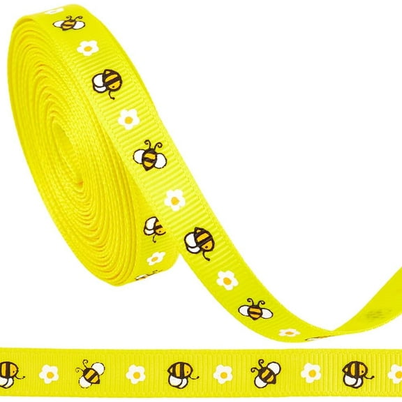 2 Rolls 10 Yards Yellow Bee Pattern Print Ribbon Thin Grosgrain Fabric Roll Spring Lace Trimming Polyester Floral Ribbons