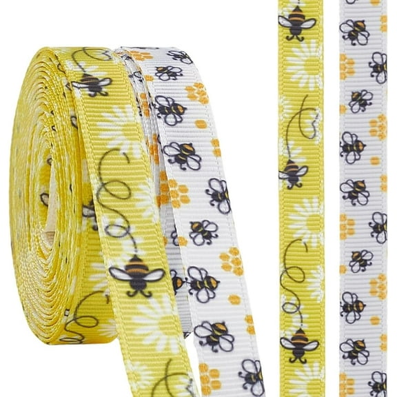 2 Rolls 10 Yards Yellow White Bumble Bee Ribbon Floral Pattern Printed Grosgrain Trim Decorative Spring Summer Fabric Ribbons