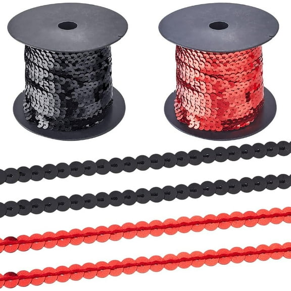 2 Rolls 100 Yards 6MM Black and Red Flat Sequin Trim Roll by The Yard Bulk Sparkling Round Beaded Paillettes Strip Belt Fabric Ribbon for Sewing Clothes Sedding Party Decor DIY Craft Supply