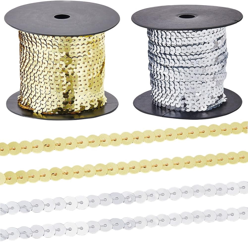 2 Rolls 100 Yards 6MM Gold and Silver Glitter Sequin Ribbon Roll Bulk Set Single Row Flat Round Beaded Paillettes Strips Sparkly Spangle Trim for Sewing Costume Headband DIY Craft Supply