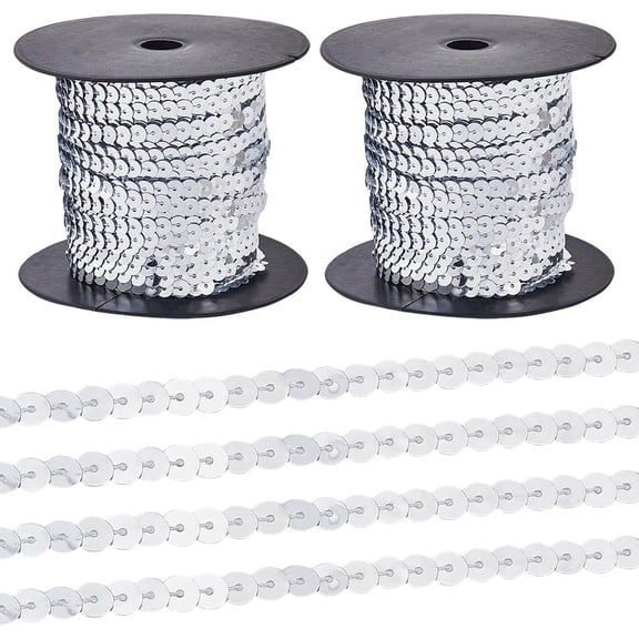 2 Rolls 100 Yards 6MM Silver Metallic Sequin Trim Roll Shining Single Row Plastic Paillettes Strips Strings Versatile Spangle Ribbon for Sewing Costume Home Wedding Decor DIY Craft Supply Brown