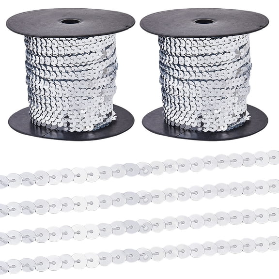 2 Rolls 100 Yards 6MM Silver Metallic Sequin Trim Roll Shining Single Row Plastic Paillettes Strips Strings Versatile Spangle RibbonDIY