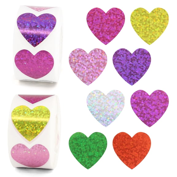 2 Rolls 1000 Pcs Glitter Heart Stickers for Reward, 1 inch Sparkle Foil Holographic Decorative Labels, Self Adhesive Sticker for Envelope Seals DIY Crafts Gift Wrapping, Teacher Classroom Supplies