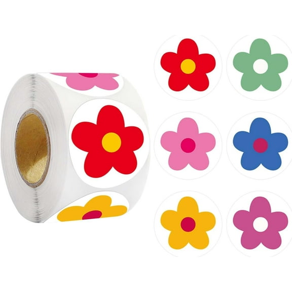 2 Rolls 1000Pcs Round Flower Stickers Self-Adhesive Stickers Award Decals Decorative Small Floral Labels for Craft Decorations Reward Red Pink Blue Green Yellow Purple 53x28mm