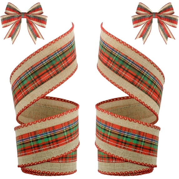 2 Rolls 12 Yards Buffalo Plaid Ribbons Burlap Wired Edge Plaid Ribbons 1.5 Inch Wide Check Gingham Fabric Craft Ribbon for Gift Wrapping DIY Bows Decoration Home Party Decor