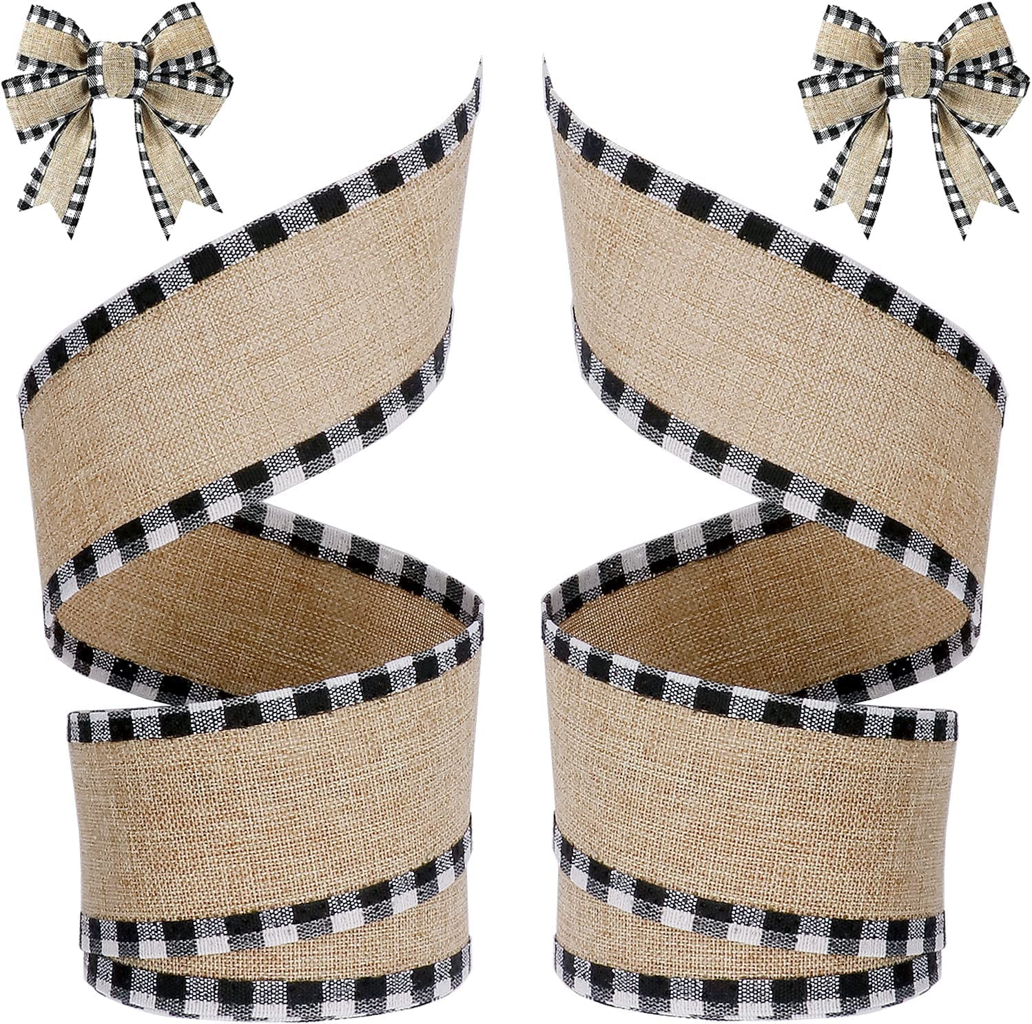 2 Rolls 12 Yards Buffalo Plaid Ribbons Burlap Wired Edge Plaid Ribbons ...