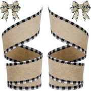 2 Rolls 12 Yards Buffalo Plaid Ribbons Burlap Wired Edge Plaid Ribbons 1.5 Inch Wide Check Gingham Fabric Craft Ribbon for Gift Wrapping DIY Bows Decoration Home Party Decor