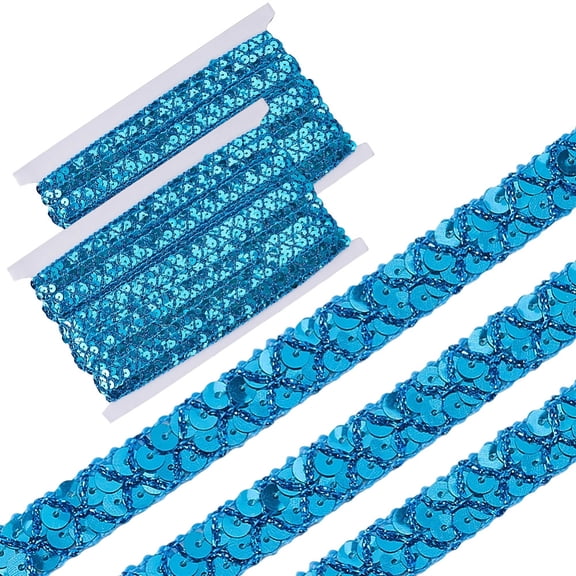 2 Rolls 14.21 Yards 15MM Blue Lace Sequin Ribbon Roll Glitter Braid Double Rows Flat Round Paillettes Strip String Sparkly Spangle with Spool