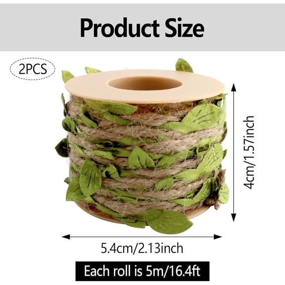 2 Rolls 16.4FT Natural Jute Twine with Green Leaf, Braided Decoration Vine for Wedding, Party, Garden Decoration, Wrap, and Other Crafts Accessory