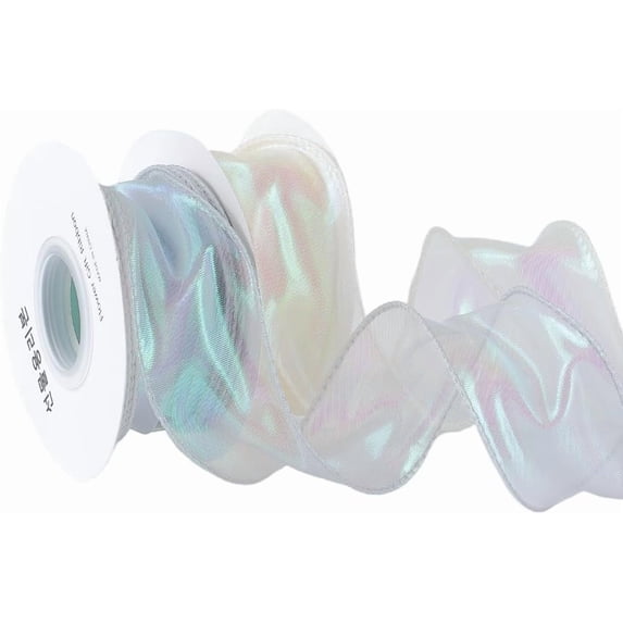 2 Rolls 19.68 Yards Sparkle Organza Lace Ribbon Sheer Glitter Ruffled Fabric Iridescent Tulle Border Decorative Ribbons Bulk for Sewing Making Gift Wrapping Wreath Bouquets Diy Crafts Supply DIY