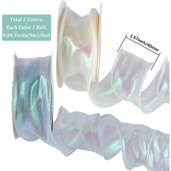 2 Rolls 19.68 Yards Sparkle Organza Lace Ribbon Sheer Glitter Ruffled Fabric Iridescent Tulle Border Decorative Ribbons Bulk for Sewing Making Gift Wrapping Wreath Bouquets Diy Crafts Supply