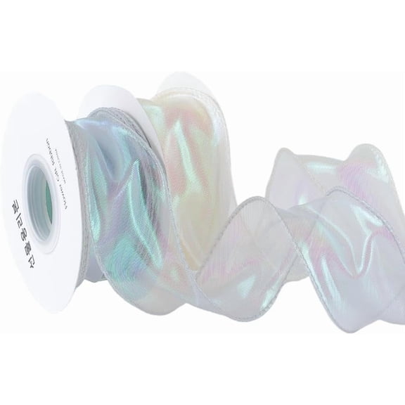 2 Rolls 19.68 Yards Sparkle Organza Lace Ribbon Sheer Glitter Ruffled Fabric Iridescent Tulle Border Decorative Ribbons Bulk