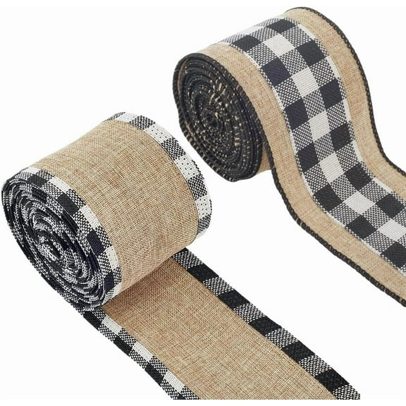 2 Rolls 2 1/2 inch 10 Yards Black Buffalo Plaid Ribbon Gingham Check Christmas Tree Checkered Fabric Woven Tartan Trimming Linen Trim for DIY
