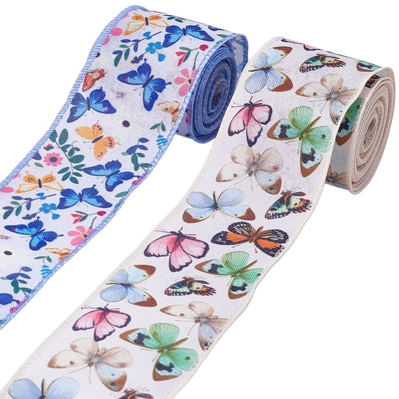 2 Rolls 2-1/2 inch Butterfly Flower Wired Edge Ribbon 10 Yards Printed Burlap Fabric Ribbon Spring DIY