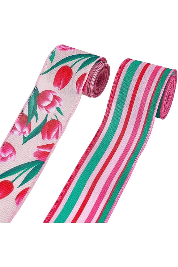 2 Rolls 2-1/2 inch Pink Flower Tulip Floral Wired Edge Ribbon 10 Yards Printed Burlap Fabric Ribbon Spring