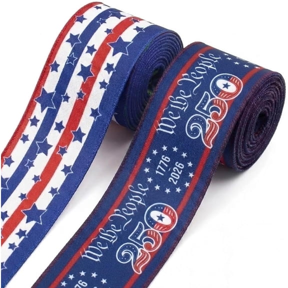 2 Rolls 2.5"10 Yards USA 250th Anniversary Wired Ribbon for Crafts Wrapping Wreath Bows Patriotic 4th of July Ribbons American Flag Ribbon for Memorial Day Home Party Decoration