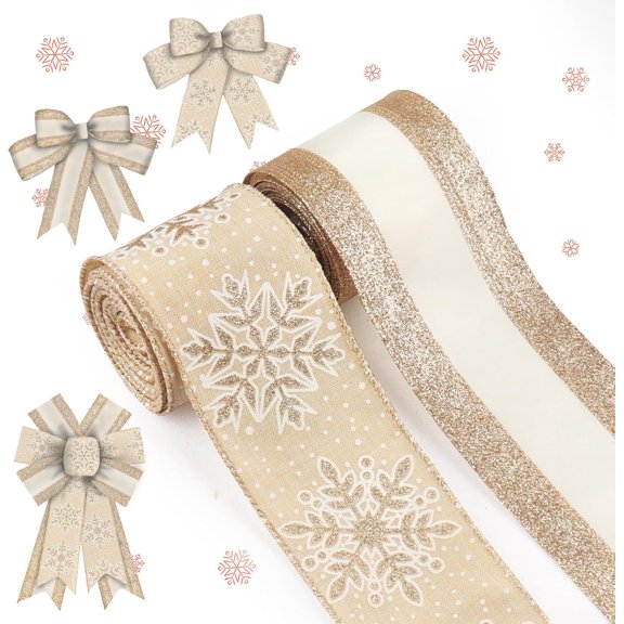 2 Rolls 2.5" 5 Yd Merry Christmas Ribbon Glitter Gold Wired Ribbon Snowflake for Wreath DIY Crafting Gifts Wrapping Party Decoration