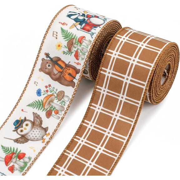 Hsomely 2 Rolls 2.5" × 5 yd Woodland Baby Shower Wired Ribbon, Music Animal Print Burlap Ribbon for Party & Craft Decor