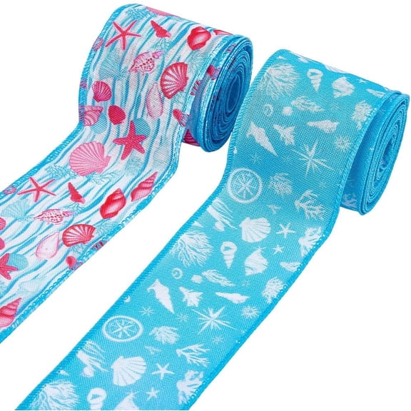 2 Rolls 2.5 Inch Ocean Wired Ribbon Summer Burlap Ribbon Blue Sea Shell Animals Colorful Patterned Decorative Wreath Garland Wrapping Roll
