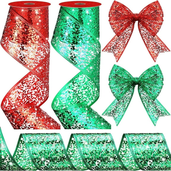 2 Rolls 2.5 Inch x 10 Yard Glitter Wire Mesh Ribbon Sparkle Metallic Sequin Wired Ribbon for Crafts Christmas Tree Bows Gift Wrapping Wreath Holiday Decor