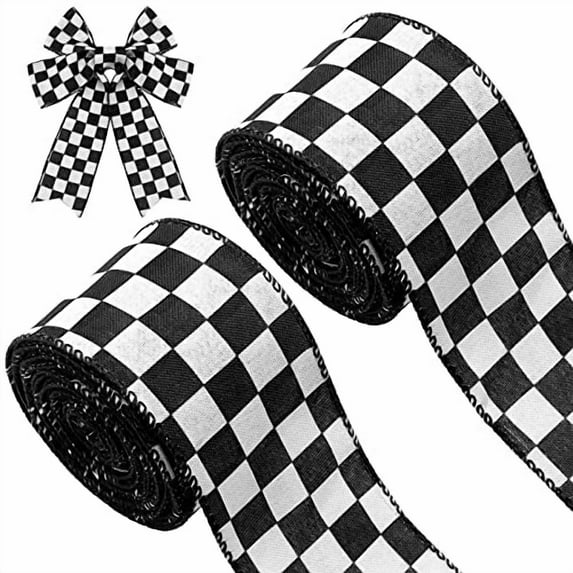 2 Rolls 2.5 Inch x 10 Yards Christmas Checkered Ribbon Black and White ...