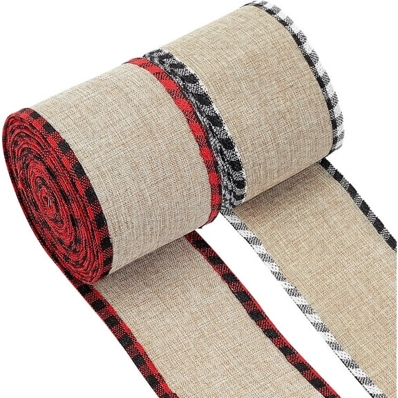 2 Rolls 2.5" Wired Edge Ribbons Jute Burlap Buffalo Wired Edge Ribbons Fabric Craft Ribbon with Wire Edges Buffalo Plaid Ribbon for DIY