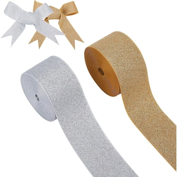 2 Rolls 2 Colors 13.1 Yards Christmas Glitter Wired Ribbon Sparkle Ribbon Metallic Fabric Ribbon Gift Wrapping Ribbon for Xmas Wedding Birthday Party Craft Decoration diy