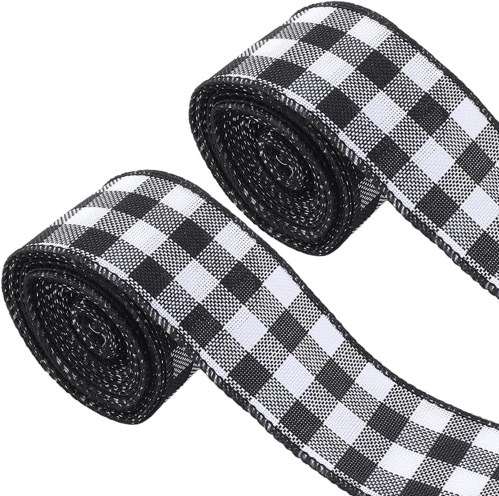 2 Rolls 2 Inch 10 Yards Black and White Christmas Tree Buffalo Plaid Ribbon Check Woven Edge Tartan Trimming Checkered Gingham Linen Trim for Gift Wrapping Bows Wreath DIY Craft Supplies 2rolls