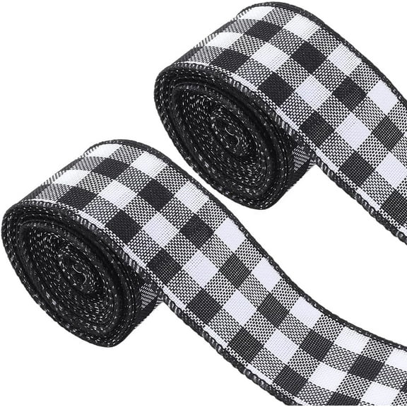 2 Rolls 2 Inch 10 Yards Black and White Christmas Tree Buffalo Plaid Ribbon Check Woven Edge Tartan Trimming Checkered Gingham Linen Trim