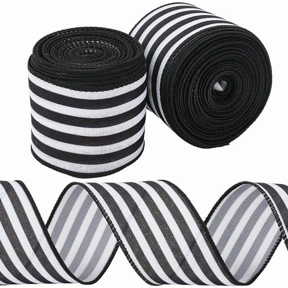 2 Rolls 2 Inch Wide Black White Striped Ribbon Single Faced Polyester Stripe Wired Edge Grosgrain Burlap Fabric Ribbon Bulk
