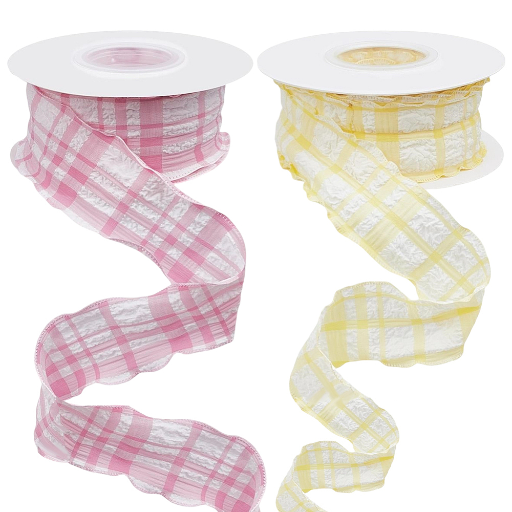 2 Rolls 20 Yards 1.5 Inch Pink Yellow Plaid Ribbon Double Ruffle Edge ...