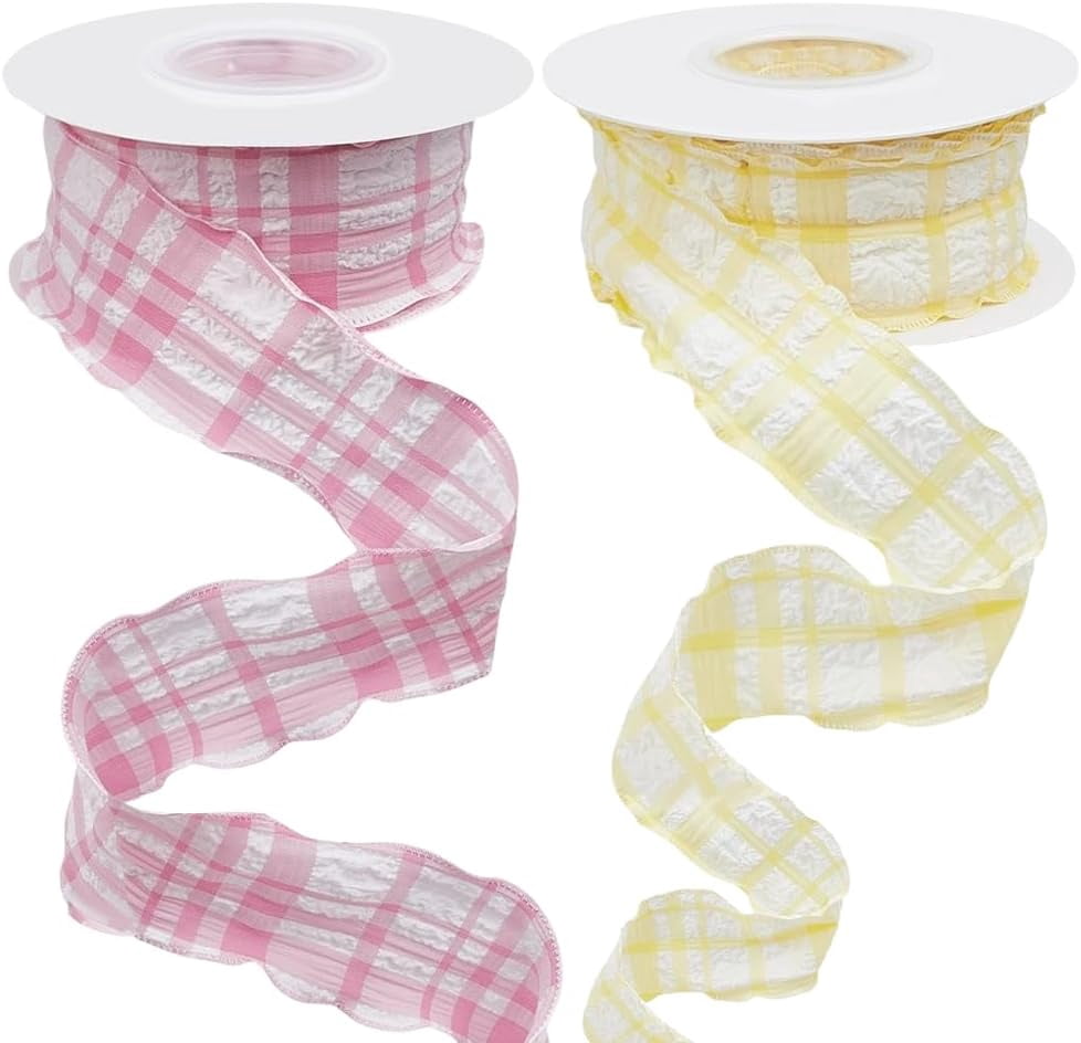 2 Rolls 20 Yards 1.5 Inch Pink Yellow Plaid Ribbon Double Ruffle Edge ...
