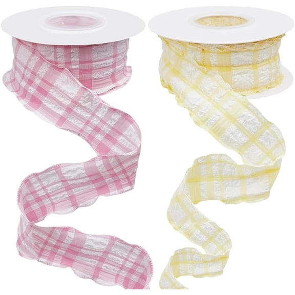 2 Rolls 20 Yards 1.5 Inch Pink Yellow Plaid Ribbon Double Ruffle Edge Pleated Pastel Chiffon Buffalo Checkered Gingham Fabric Ribbons Bulk