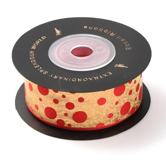 2 Rolls 20 Yards 1 Inch Red and Gold Ribbon Polka Dots Single Face Ribbon Polyester Printed Christmas Satin Ribbons Bulk with Spool