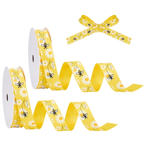 2 Rolls 20 Yards Bumble Bee Ribbon 5/8 Inch Daisy Flower Ribbons Polyester Fabric Ribbon Yellow Bee Decorative Ribbons DIY