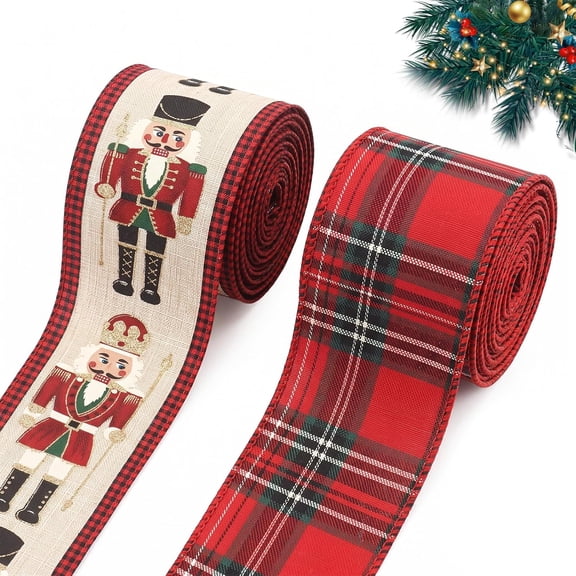 Hsomely 2 Rolls 20 Yards Christmas Wired Edge Ribbon, 2.5 inch Vintage Red Buffalo Plaid & Nutcracker Print for Xmas DIY Craft, Wreath Bow, New Year Party Decor