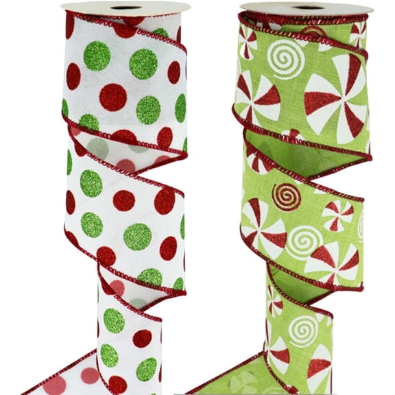 2 Rolls 20 Yards Christmas Wired Ribbon - Red & Green Glitter Dot Burlap for Gift Wrapping, Wreaths, Bows & Tree Decoration