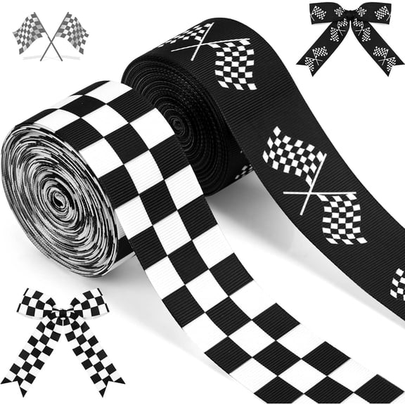 2 Rolls 20 Yards Racing Car Themed Grosgrain Ribbon 1.5Inch Racing Car Flag Black White Checkered Ribbon for Sport Team Party Gift Wrapping Crafts Decoration