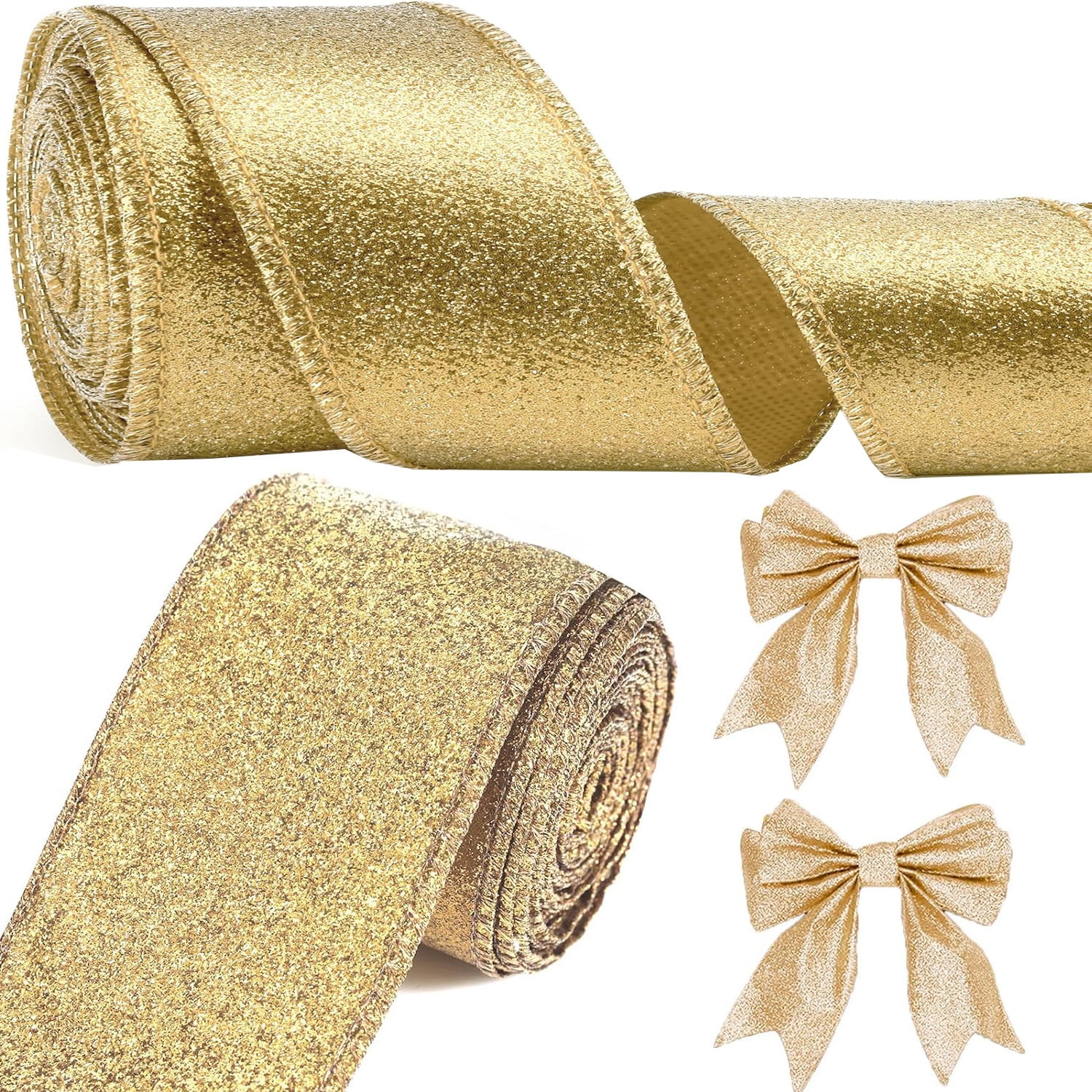 2 Rolls 20 Yards Ribbon for Christmas Tree,Bexikou Gold Christmas Ribbon Wired Glitter Ribbons Garland,Thick Wired Golden Ribbons for Tree Gift Box Wrapping Party Decoration