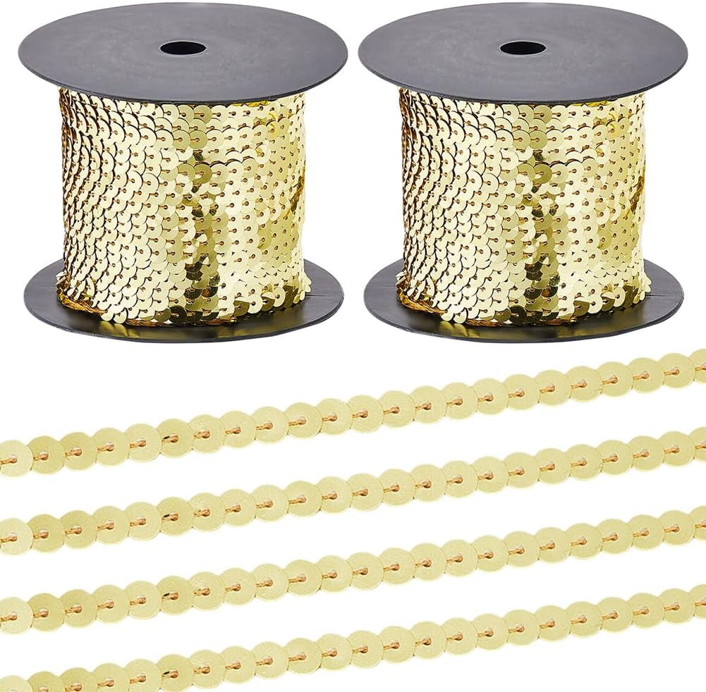 2 Rolls 200 Yards Gold Sequin Trim Sequins Beaded Strip Trimmig Ribbon Flat Spangle Metallic Glitter Paillette String Bulk Roll for Clothes Dresses Costume Craft Diy Home Decor Yellow DIY